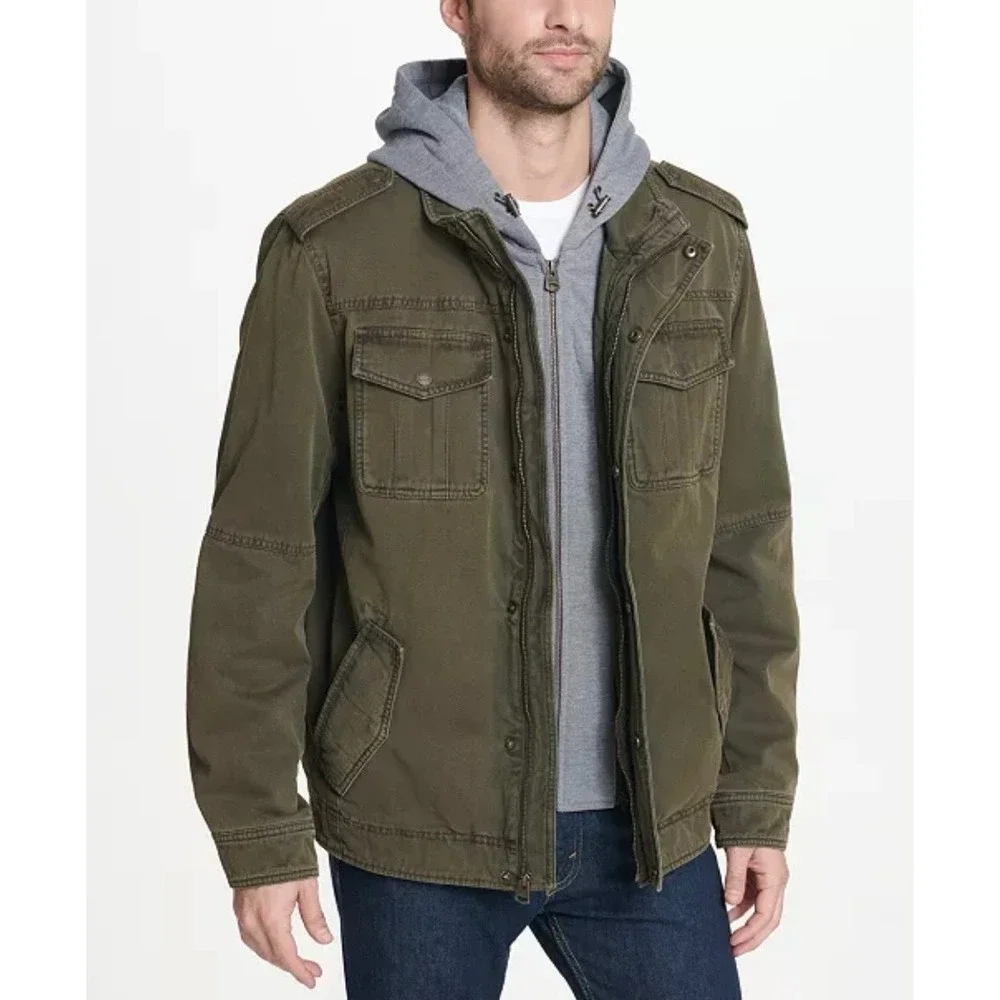 Levi's Mens Military Jacket Green‎ Olive Washed Cotton Sherpa Lined Hooded Small